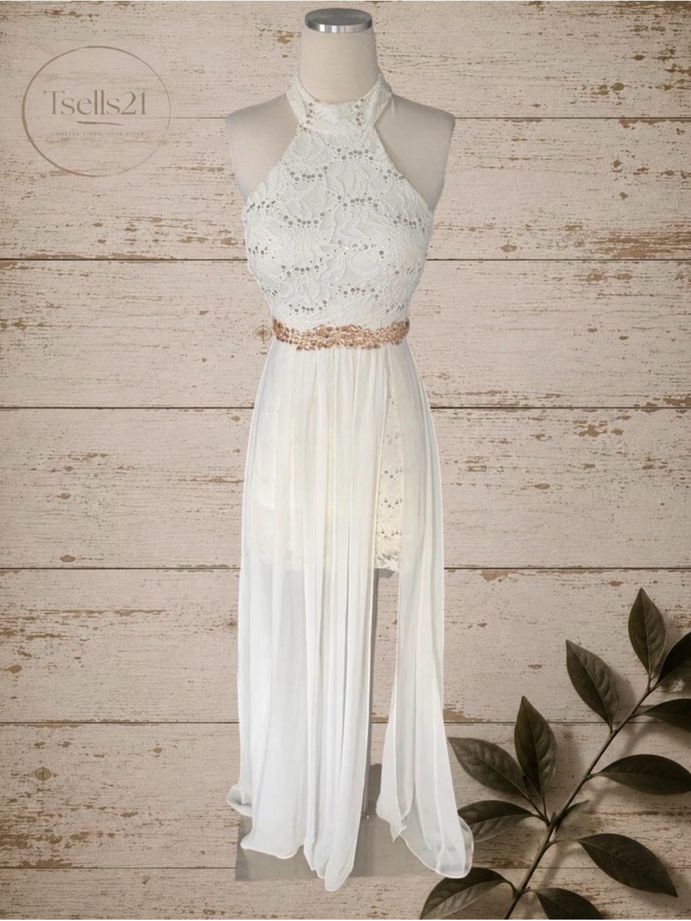 Windsor White Lace & Chiffon Halter Maxi Dress Gown - Size 3/4